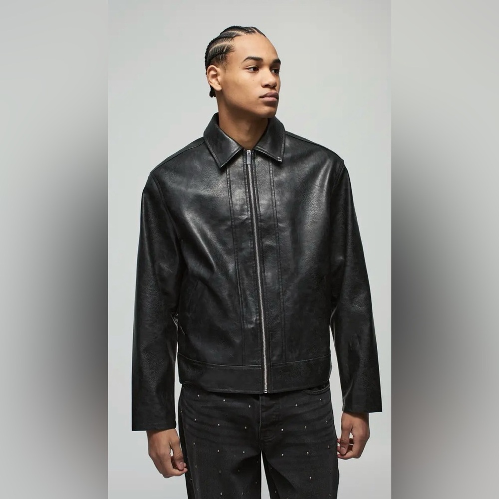BoohooMAN Black Faux Leather Oversized‎ Harrington Jacket XL